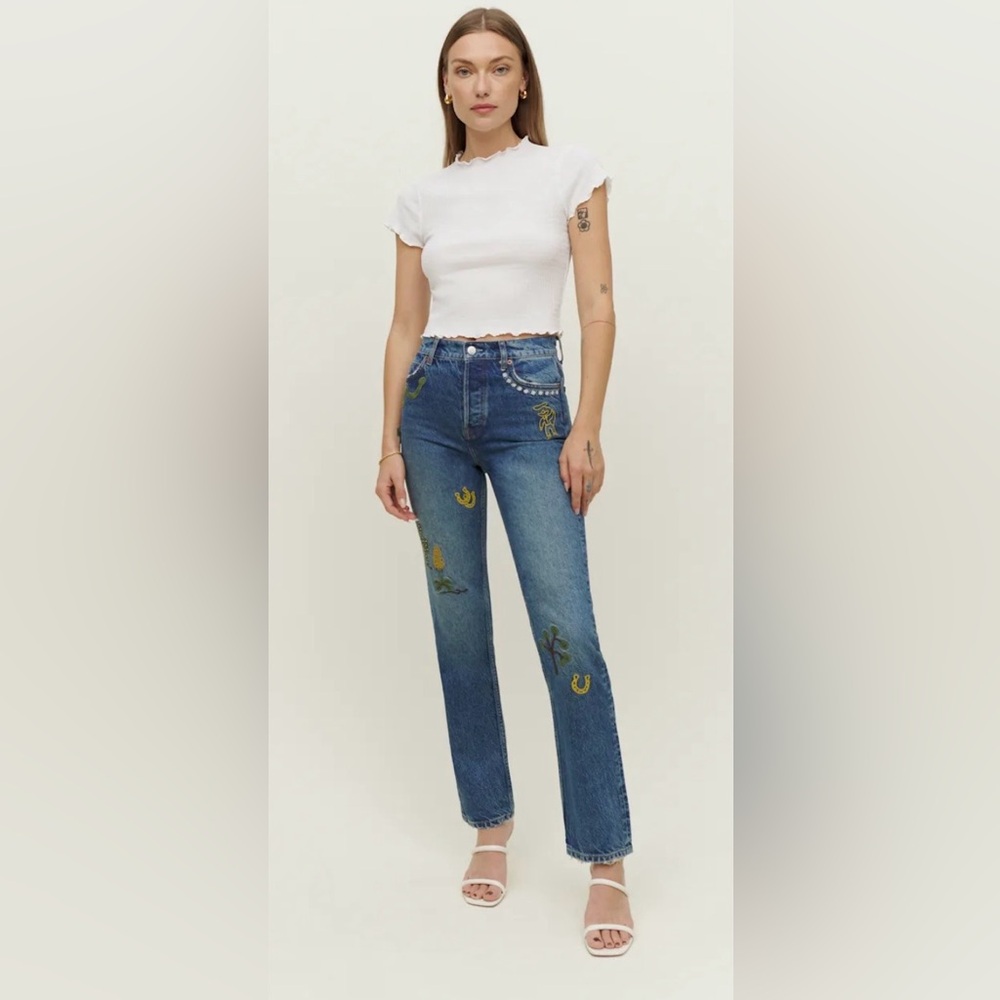 Reformation Handicraft Embroidered High Rise Straight
Jeans